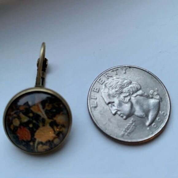 Gilded Black Chiyogami Earrings Glass Cabochon Handmade Dangles - Picture 4 of 10